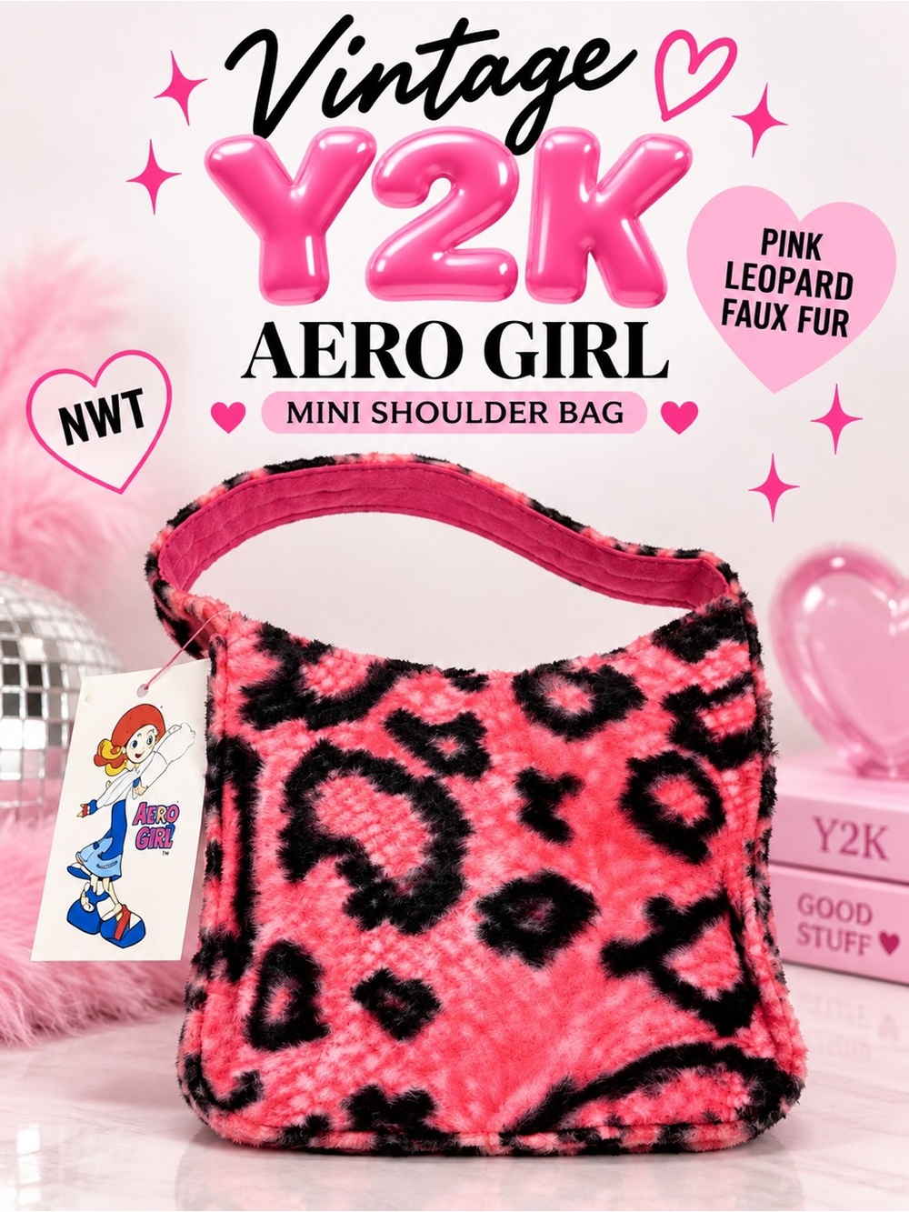 Vintage Y2K Aero Girl Pink Leopard Faux Fur Mini Shoulder Bag NWT